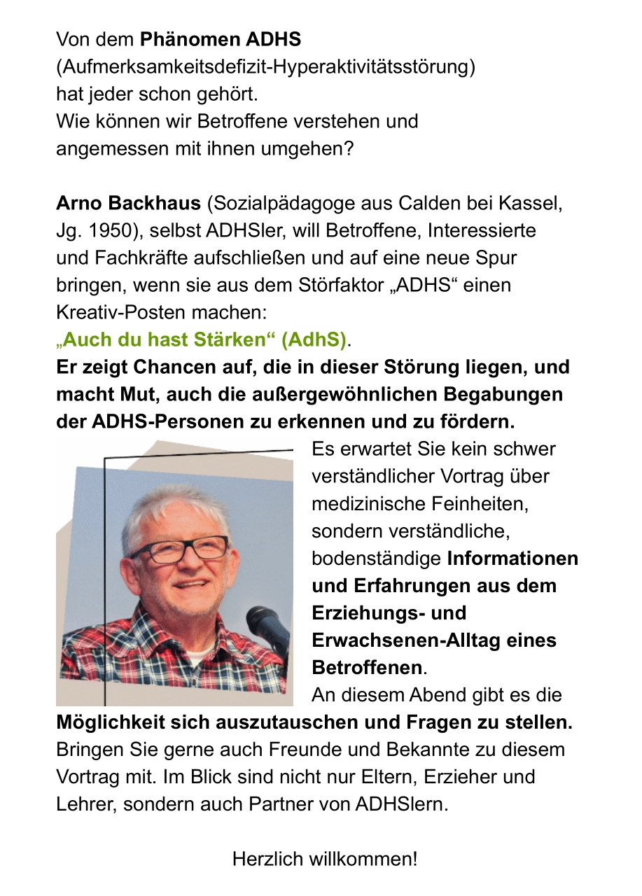Vortrag Arno Backhaus über ADHS am 27.05.2026